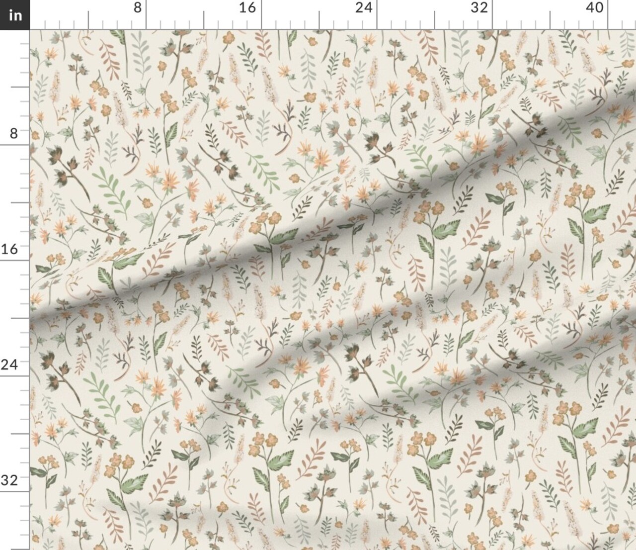 Sage Botanical Spring Floral Hand Drawn Garden Peach Green Beige Watercolor Meadow Custom Printed Fabric by Spoonflower Various Fabrics by the Yard or Fat Quarter